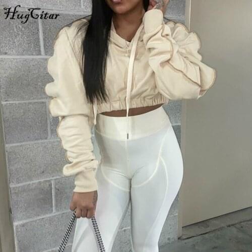 Hugcitar 2020 Long Sleeve Hooded Solid Ruched Sweatshirt Top Autumn Winter Women Fashion Casual Streetwear Outfits