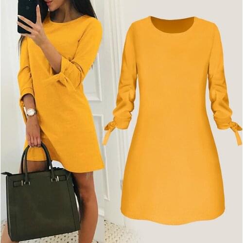 40# Women Elegant Solid Color Dresses Long Sleeve Bow O-neck Elegant Straigth Dress Spring Loose Mini Office Dress Белое Платье