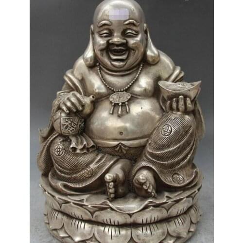 11" China Buddhism Silver Wealth Happy Laugh Maitreya Buddha Hold Yuanbao Statue