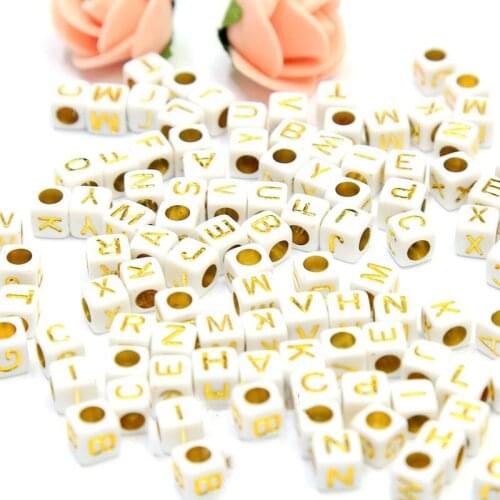 3200pcs 6*6mm Acrylic Square Letters Beads White with Gold English Initial Alphabet Jewelry Sapcers A-Z Single ABC Character