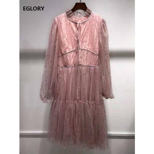 Ball Gown Dress 2021 Spring Fashion Style Women O-Neck Sequined Deco Long Sleeve Casual Sweet Pink Mesh Party Club Dresses Lady