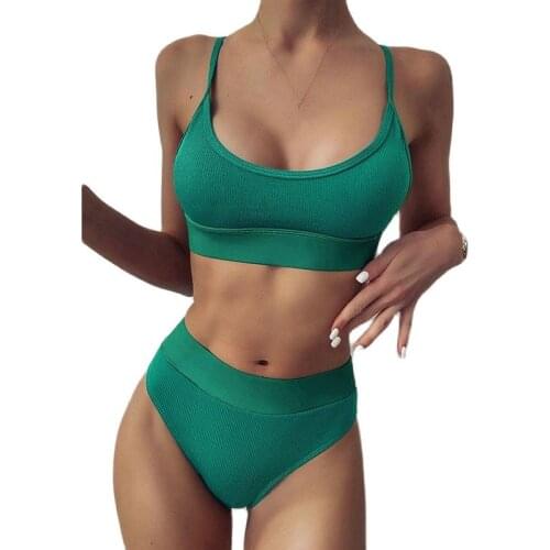 2021 High Waist Bikinis Swimwear Women Push Up Swimsuits Solid Brazilian Bikini Ribbed Biquini Strap Swim Bathing Suits
