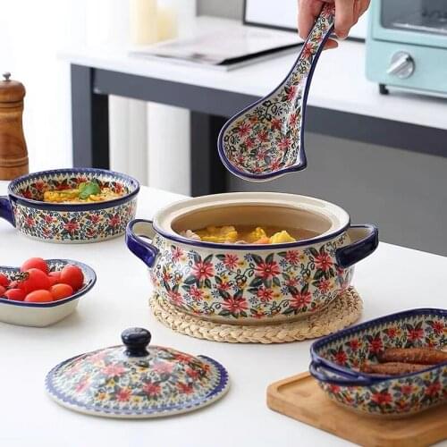 Bohemia Ceramic Dinnerware Household Salad Bowl Saucer Plate Dishes Set 13 Inch Fish Plate Binaural Noodle Bowl 2L Soup Pot With