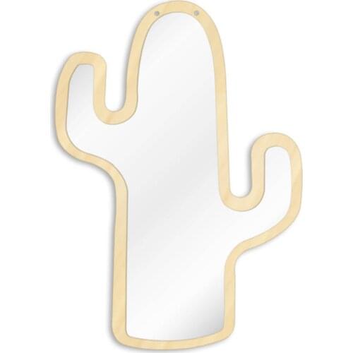 Big Cactus Shaped Silver Acrylic Make up Wall Mirror With Wooden Bottom Nature Cereus Prickly Pear Plant Nusery Art Decor Mural