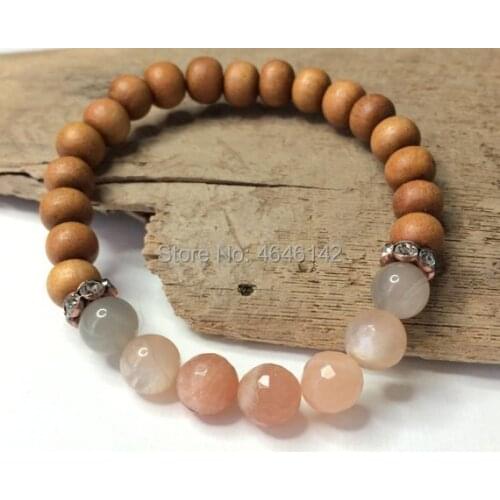 Boho Chic Sunstone Beads Stone Pave Crystal wooden Bead bracelet Mala yoga bracelet