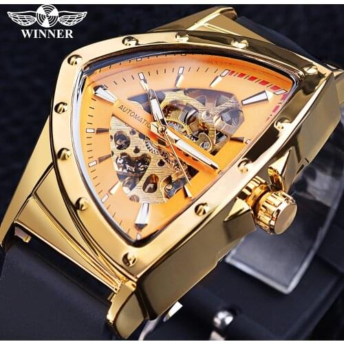 WINNER Skeleton Dial Mens Mechanical Watch Triangle Wristwatches Luxury Golden Automatic Watches Silicone Strap Reloj Hombre