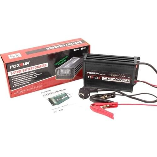 FOXSUR 12V 10A 7-Stage Smart Lead Acid Battery Charger Car Battery Charger Input Voltage 180-260V AC 50Hz EU Plug