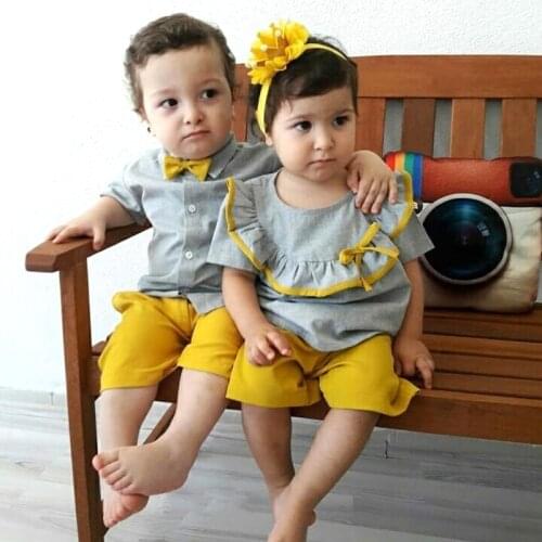 Sister Brother Matching Clothes Sets Short Sleeve Tee & yellow shorts Siblings Matching Summer Infant Twins Outfits Suits F0045