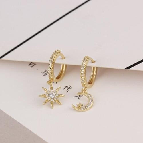LOOXI Silver Glod Color Moon Star Asymmetric Hoop Earring Fashion Micro Inlaid Zircon Earring Jewelry For Women Gifts Pendientes