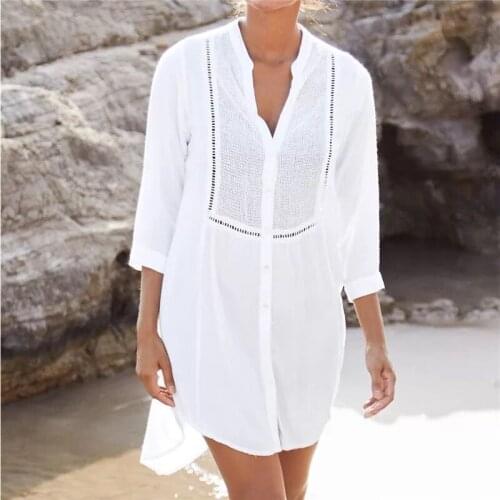 Women Swimsuit Cover Up Sleeve Kaftan Beach Tunic Dress Robe De Plage Solid White Pareo Beach High Collar Cover Up
