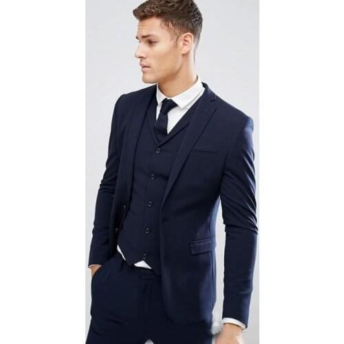 Fashion Two Buttons Navy Blue Groom Tuxedos Groomsmen Notch Lapel Mens Suits Blazers (Jacket+Pants+Vest+Tie) W:1263