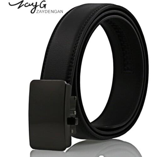 ZAYG Fashion Mens THigh Quality Alloy Automatic Buckle Belt Luxurious Men Simple Black Business Buckle Belt Male Black Leather