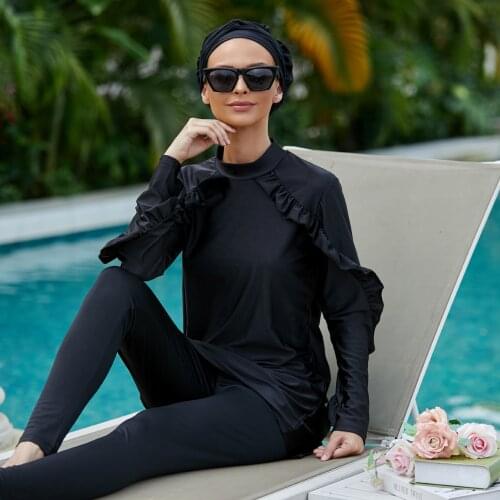 2XL Muslim Swimwear Women Modest Agaric Laces Hijab Full Sleeves Split Swimsuit 3pcs Islamic Burkinis Wear Bathing Suit Y1226