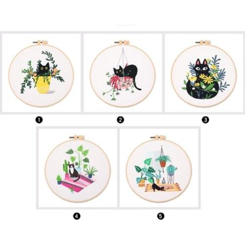 DIY Cat Embroidery Start Kits with Hoop for Beginner Needlework Cross Stitch Set Handmade Sewing Craft Art Painting Decor