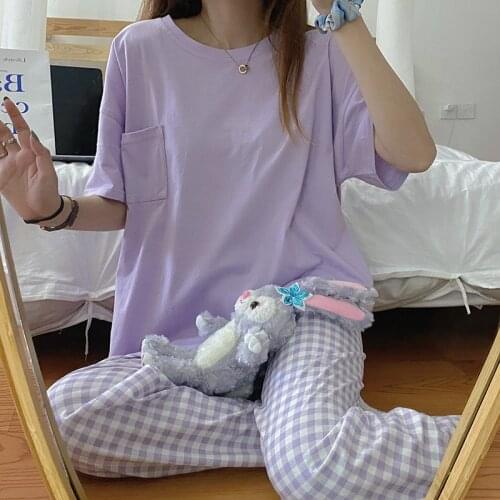 Summer Pajamas Set Women Korean Sweet Purple Short Sleeve Two Piece Homewear Casual Elastic Waist Plaid Trousers Girl Sleepwear