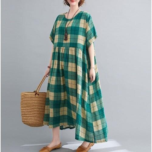 2021 Plus Size Women Dress Oversize A-Line Cotton Linen Maxi Long Dress Robe Female Loose Casual Plaid O-Neck Boho Beach Dresses