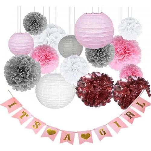 Gender reveal party set Baby Shower decoration ITS A GIRL Paper Garland Pom Poms Paper Lanterns