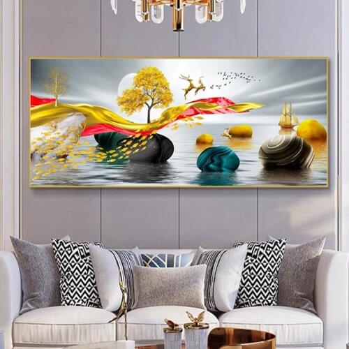 Full Round Square Diamond Painting Fish and Golden Deer,Wall Sticker Diamond diy Embroidery Mosaic Diamond Mural DecorationA1840