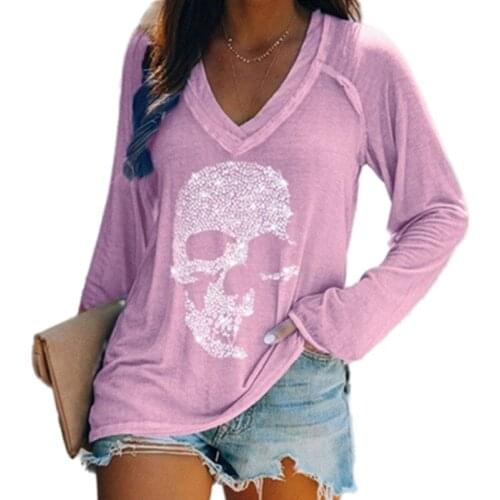 Autumn Winter Womens Tops 2021 Hot Selling Skull Printed Casual Long Sleeve Pullover Deep V-Neck T-Shirts Loose Ladies Pullover