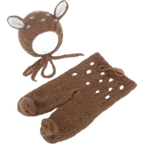 Newborn Christmas Clothes Knitted Baby Footed Romper Set Cute Animal Hat Photo Props Knitted Newborn Fawn Outfit Deer Hat