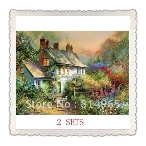 Embroidery Package 2 Pieces (1 lot=2 pieces) Cross Stitch Classical High Quality Luxurious Flowers Plants Tree Cabin