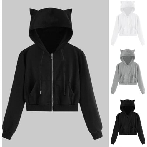 Women Casual Solid Long Sleeve Zipper Pocket Shirt Cat Hooded Sweatshirt Tops Cute Cat Hooded Sweatshirt Tops Pullover Fashion