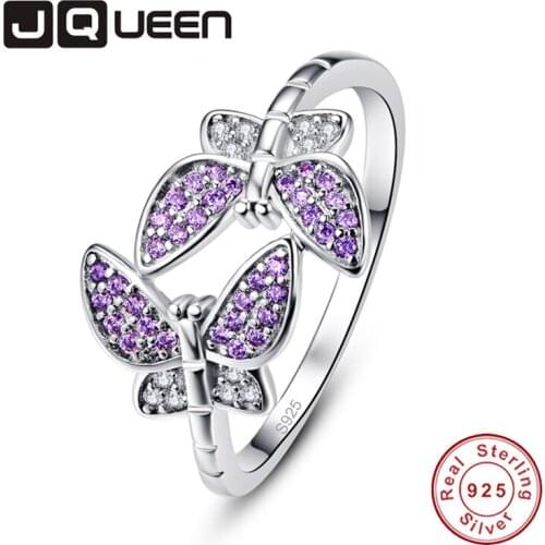 JQUEEN Amethyst White Zircon Butterfly Rings For Women Silver Ring 925 Jewelry Pave Setting Crystal Jewelry Bijoux Femme