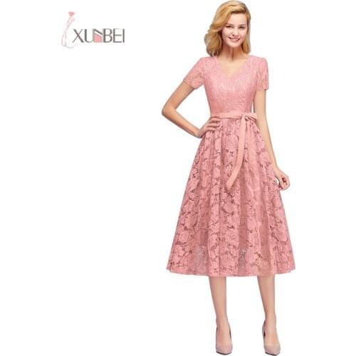 Elegant V Neck Real Photo Burgundy 2019 Lace Short Evening Dress A line Short Sleeve Evening Gown robe de soiree