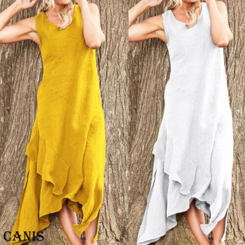 Womens Printed Sleeveless Crew neck Maxi Dress Split Hem Baggy Kaftan Long Dress