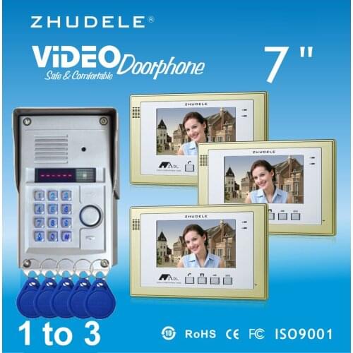 ZHUDELE Home Security Intercom Doorbell 7"Video Door Phone IR CCD Camera with Password&ID Card Unlocking Waterproof Cover 1V3