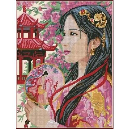 Asia Princess Chinese Japanese Lady Girl Female Cross Stitch Kits Embroidery Needlework 14CT Unprinted DIY Handmade Art Decor