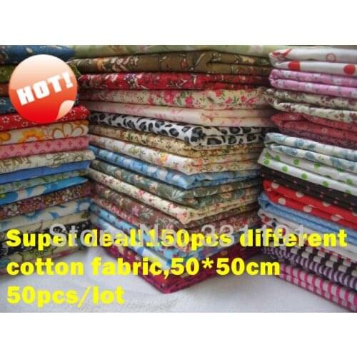 Free Shipping! 50pcs/lot (50*50cm)150 different pieces cotton fabric for DIY Patchwork,no repeat design in 3 lots