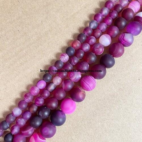 15" Natural Stone Frost Grind Arenaceous Matte Magenta Stripe Agates Onyx Round Loose Beads 6 8 MM Pick Size