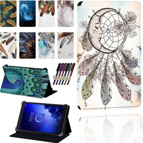 Feather Pattern Tablet Case for Alcatel 1T 7 10/3T 8 10/A3 10 Leather Foldable Scratch Resistant Protective Case Cover