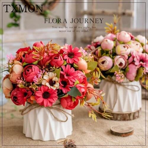Nordic Artificial Flower Set(Flower+Vase)Ceramic Hemp Rope Vase Rose Artificial Plants Potted Wedding Decoration Fake Flower