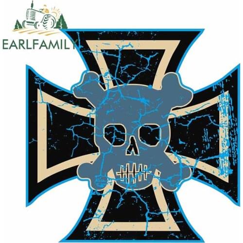 EARLFAMILY 13cm x 13cm Distressed Aged Iron Cross with Skull Design for Rat Look Vinyl Car Sticker Rear Windshield Trunk Decal