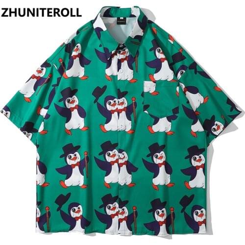 Fashion Harajuku Hawaiian Blouse Hip Hop Streetwear Cartoon Penguin Print Short Sleeve Vintage Shirts Casual Men Summer Tops