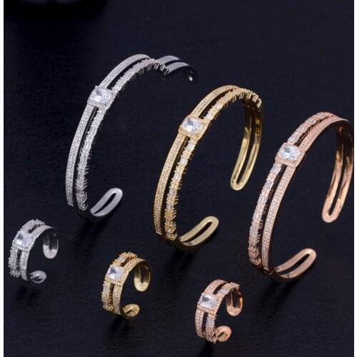 BRIDE TALK Best Selling 2019 Products African Luxury Micro Paved Baguette Cubic Zircon Adjustable Bangle Ring Sets Full Crystal