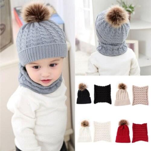 Boy Girl Baby Pom Bobble Hat Winter Warm Beanie Knit Wool Neckerchief Cap