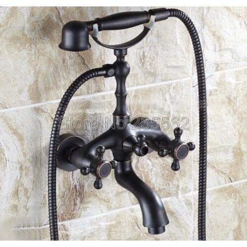 Black Oil Rubbed Brass Bathroom Shower Taps Dual Handle Bathtub Faucet Set with Wall Mounted Handheld Shower Spray ltf701