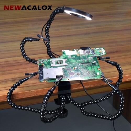 NEWACALOX Third Soldering Helping Hand 6Flexible Arm 3X Magnifier With LED Lamp PCB Welding Holder Repair Tool Soldering Station