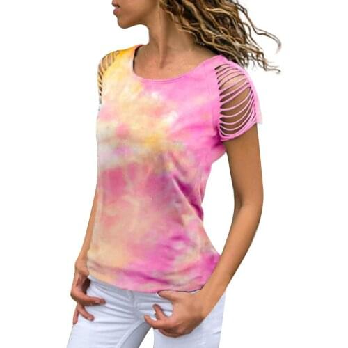 Fashion Summer Women Tie-dye Round Neck Tassel Short Sleeve T-shirt Top 2020 New Fashion womens top