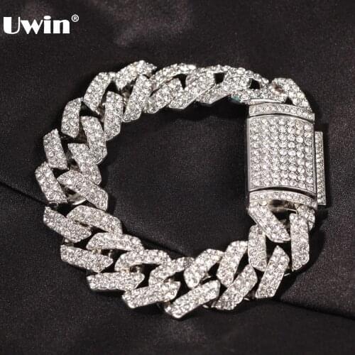 UWIN 18mm Zinc Alloy Cuban Chain Bracelet for Men Two Rows Bling Rhinestone Bracelets Fashion Hip Hop Jewelry for Drop Shipping