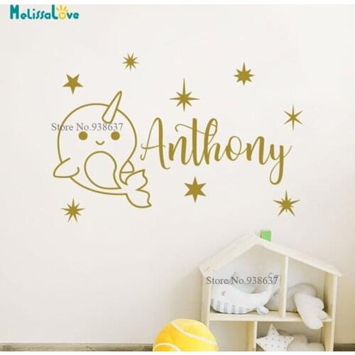 Custom Name Sticker Personlised CuteNarwhal And Star Design Cartoon Whale Baby Room Decal Nursery Wall Sticker Decoration BA016