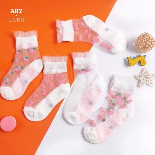 5Pair/Lot Summer baby socks For Girls Cartoon Strawberry Crystal Silk Socking Mesh Lace Fashion Breathable Princess Sock