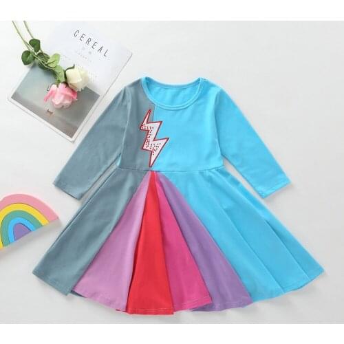 2021 New Children Skirt Spring Autumn Long-Sleeved Rainbow Embroidery Dress Girls Rainbow Print Princess Dresses Easter Costume