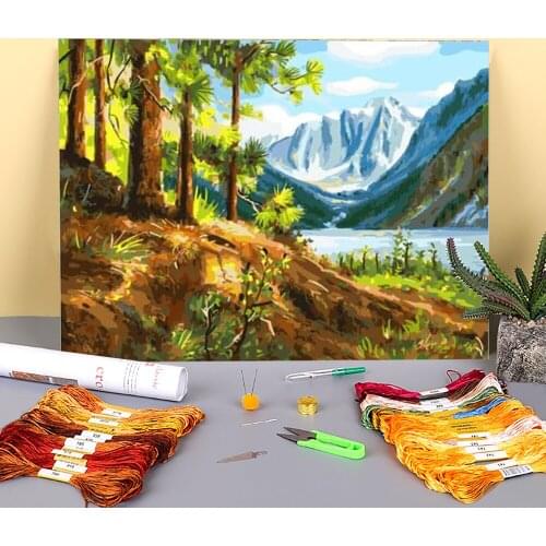 Landscape Natural Printed Water-Soluble Canvas 11CT Cross-Stitch Kit DIY Embroidery DMC Threads Handicraft Craft Mulina