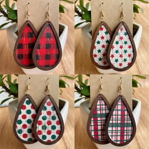 Christmas Star Buffalo Plaid Print Wood Teardrop Frame Earrings for Women Fashion Christmas Present Holiday Gift Free Shipping