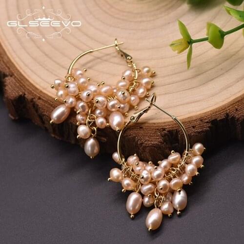 GLSEEVO Natural Freshwater Pearl Pink Hoop Earrings Gifts For Women Girl Weddings Round Fashion Handmade Jewelry GE0993B