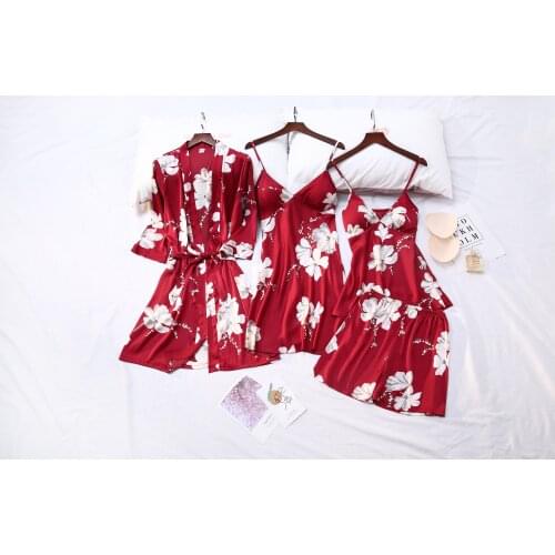 Silk Dress Printed Sexy Pajamas 4-Piece Set Home Clothes For Women Womens Bathrobe Robe Womens Pajama Sets Sleepwear Negligee